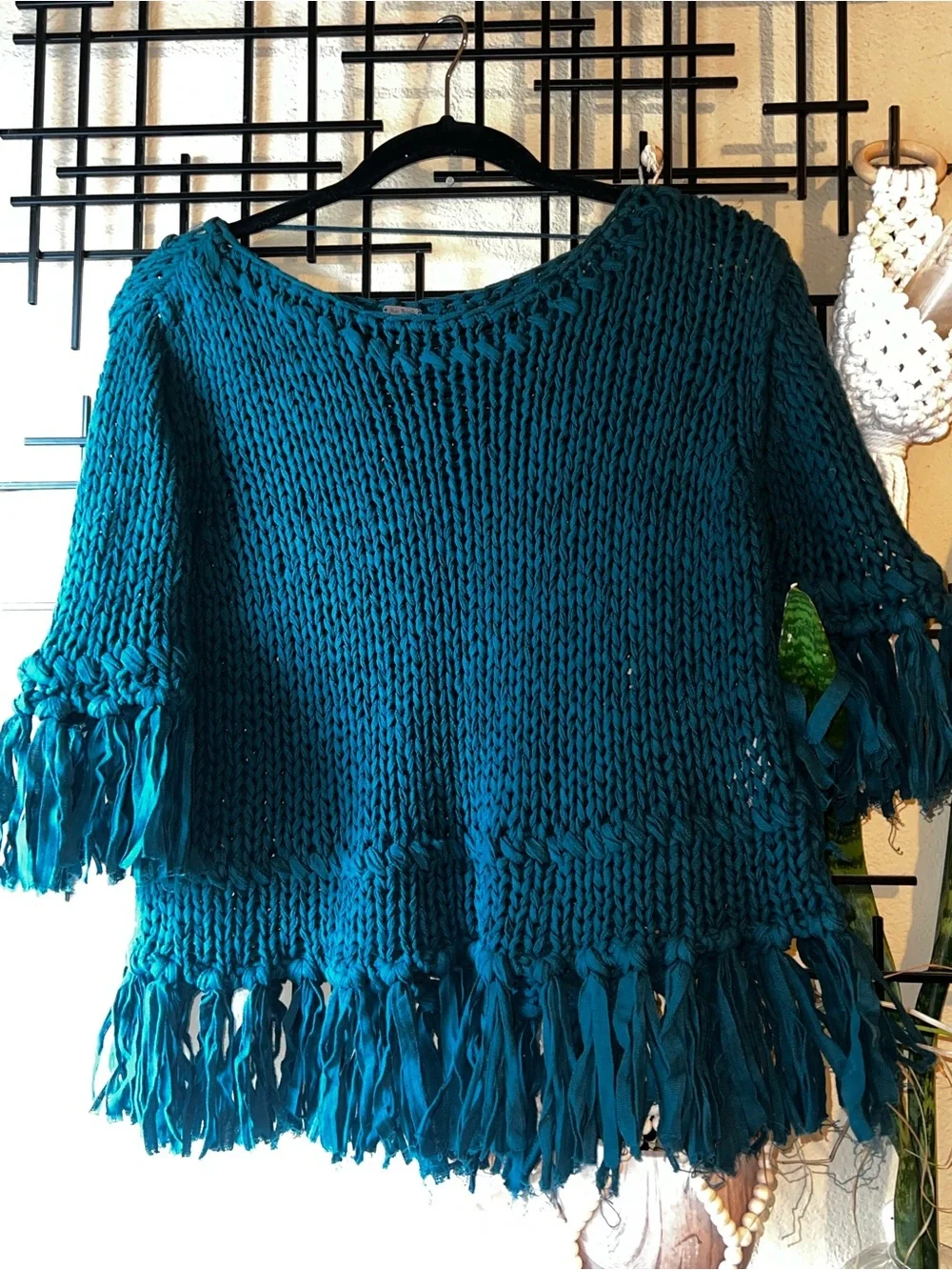 Free People Teal Fringe Cropped Pullover